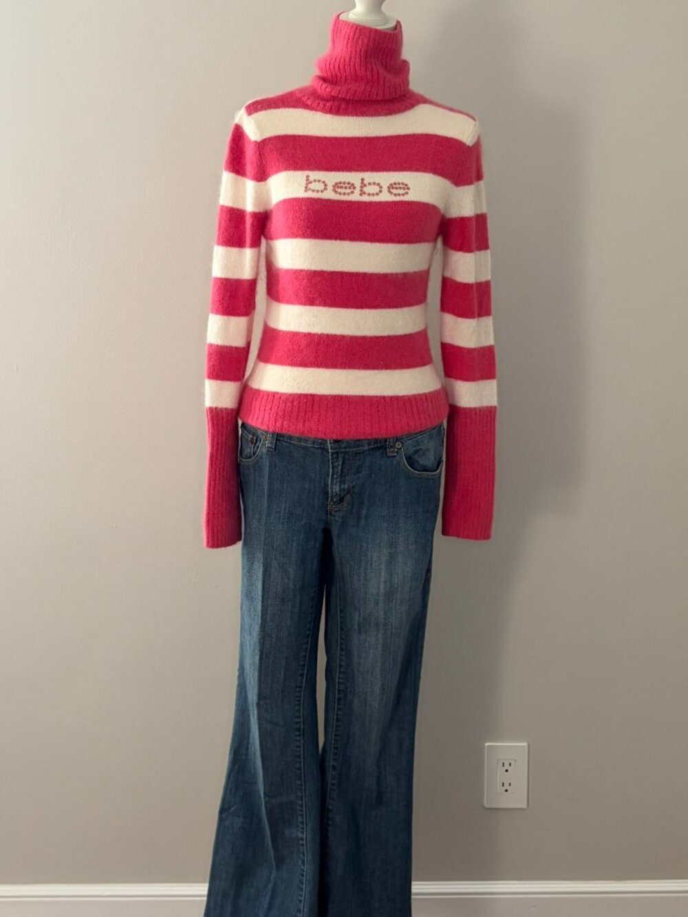 bebe Vintage Y2K Pink White Striped Angora Rhinestone Turtleneck Sweater L